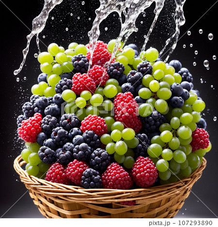 basket full of fruits berries and green grapes explode with huge particles splashing on the air basket full of fruits berries and green grapes explode with huge particles splashing on the air 107293890