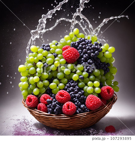basket full of fruits berries and green grapes explode with huge particles splashing on the air 107293895