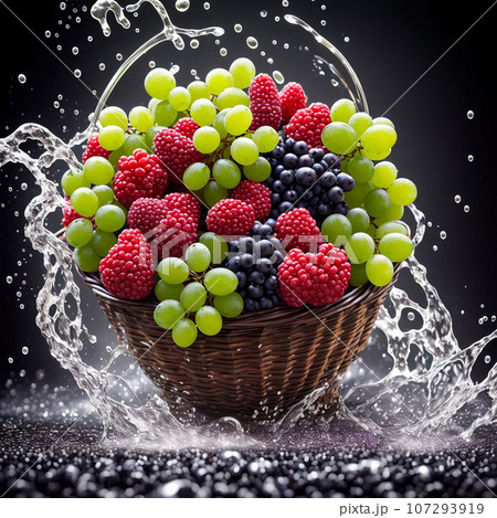 basket full of fruits berries and green grapes explode with huge particles splashing on the air 107293919