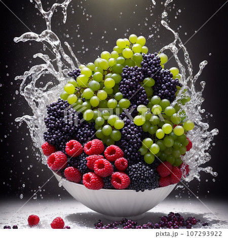 basket full of fruits berries and green grapes explode with huge particles splashing on the air basket full of fruits berries and green grapes explode with huge particles splashing on the air 107293922