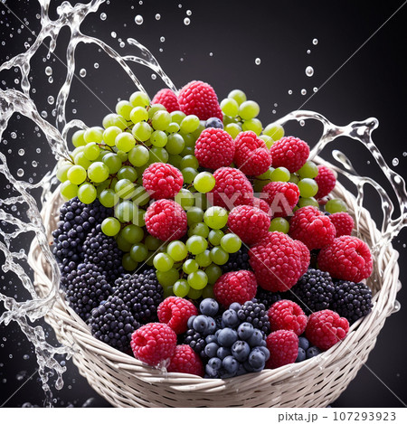 basket full of fruits berries and green grapes explode with huge particles splashing on the air basket full of fruits berries and green grapes explode with huge particles splashing on the air 107293923
