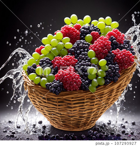 basket full of fruits berries and green grapes explode with huge particles splashing on the air 107293927