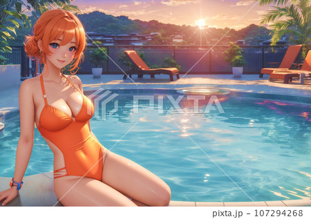 オレンジ色の水着の人物画 水着の女性「AI生成画像」のイラスト素材 [107294268] - PIXTA