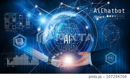 AI brain hologram, futuristic technology icons and digital communication 107294706