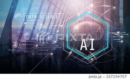 AI brain hologram and futuristic technology icons. 107294707