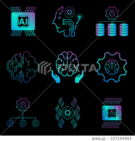 Set of Artificial intelligence line icons, AI for technology symbols concepts, and 8 cybernetic icons 107294983