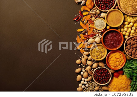 Super food background with text space, top view Super food background with text space, top view 107295235