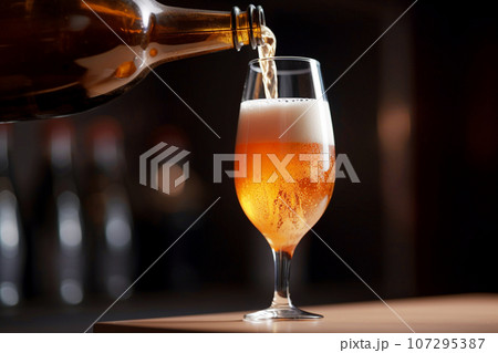 Pouring beer into glass on bar counter in pub, closeup. Selective focus. Pouring beer into glass on bar counter in pub, closeup. Selective focus. 107295387