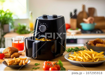 An air fryer in black color or an oil-free frying machine placed on a wooden table in a contemporary kitchen with plates of fried potatoes and tomatoes 107295918