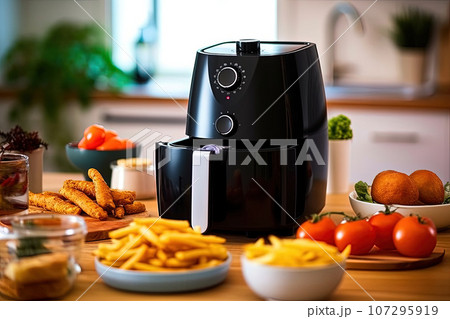 An air fryer in black color or an oil-free frying machine placed on a wooden table in a contemporary kitchen with plates of fried potatoes and tomatoes 107295919