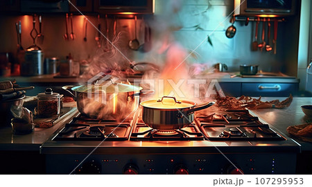 Modern kitchen. Cooks prepare meals on the stove in the kitchen of the restaurant 107295953