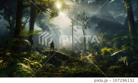 Man in Rainforest landscape with trees and fog in the morning Man in Rainforest landscape with trees and fog in the morning 107296132