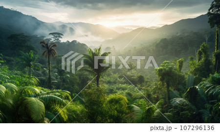 Rainforest landscape with trees and fog in the morning Rainforest landscape with trees and fog in the morning 107296136