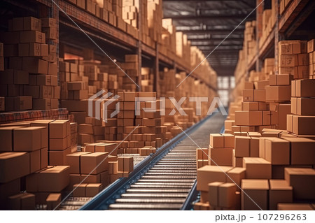 Cardboard boxes ride on the delivery conveyor, parcels 107296263