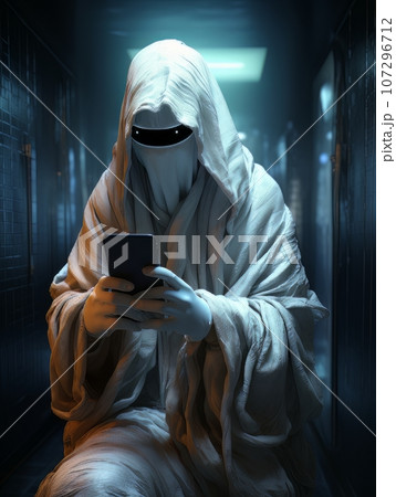 Creepy ghost monster sitting with phone in his hands and waiting for victim. AI 107296712