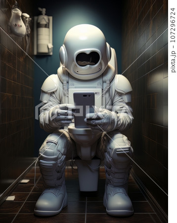 Creepy astronaut sits and waits for a victim in the toilet. AI 107296724