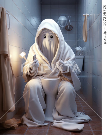 Creepy ghost monster sits and waits for a victim in the toilet. AI 107296726