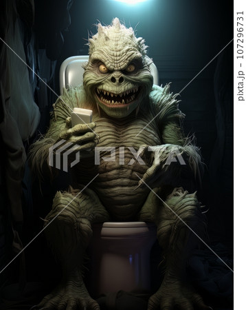 Creepy Grinch monster sitting in toilet and waiting for victim. AI 107296731