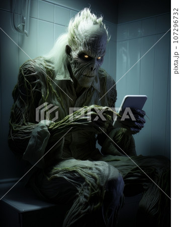 Creepy monster sitting in toilet and waiting for victim. AI 107296732
