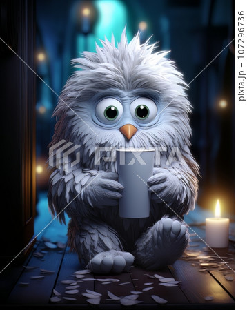 Cartoon white owl with a glass in his hands on his wings. AI Cartoon white owl with a glass in his hands on his wings. AI 107296736