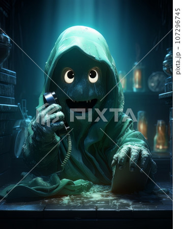Cartoon ghost monster sitting with phone in his hands. AI 107296745