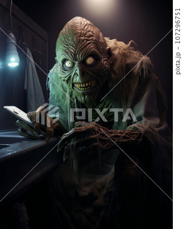 Creepy ghost monster sitting with phone in his hands and waiting for victim. AI 107296751