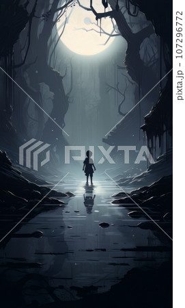 Cartoon child in the forest alone in creepy fairy tale forest. AI 107296772