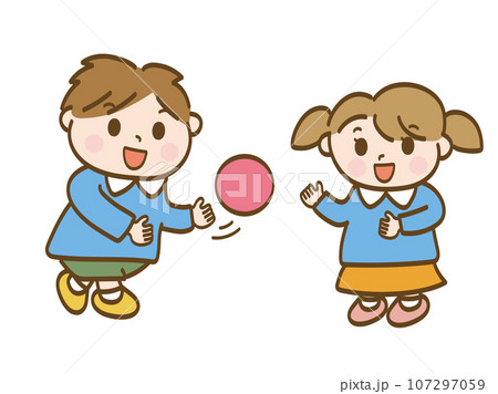 ボール遊びでボールを投げる男の子と女の子_保育園児の兄妹 107297059
