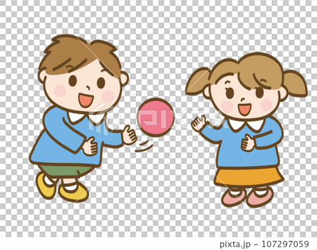 ボール遊びでボールを投げる男の子と女の子_保育園児の兄妹 107297059