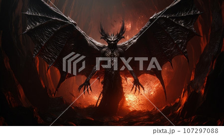 Demon with wings against the background of hell. Christian apocalypse AI 107297088