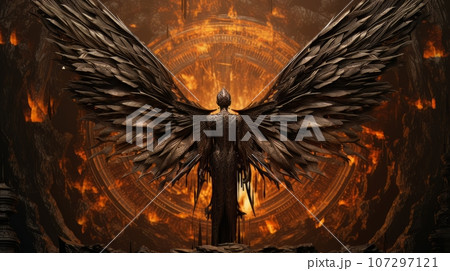 Woman demon with wings against the background of hell. Christian apocalypse AI 107297121