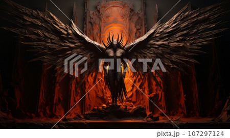 Demon with wings against the background of hell. Christian apocalypse AI 107297124