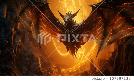Demon with wings against the background of hell. Christian apocalypse AI Demon with wings against the background of hell. Christian apocalypse AI 107297139