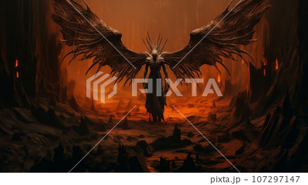 Demon with wings against the background of hell. Christian apocalypse AI 107297147
