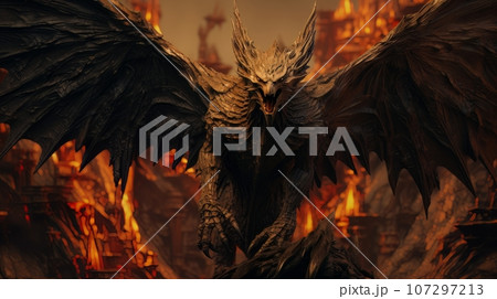 Demon with wings against the background of hell. Christian apocalypse AI Demon with wings against the background of hell. Christian apocalypse AI 107297213