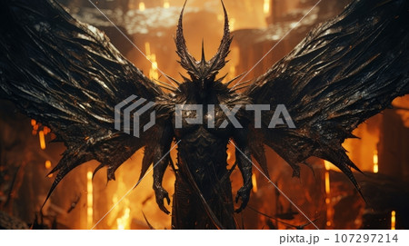 Demon with wings against the background of hell. Christian apocalypse AI 107297214