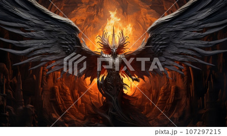 Demon with wings against the background of hell. Christian apocalypse AI Demon with wings against the background of hell. Christian apocalypse AI 107297215