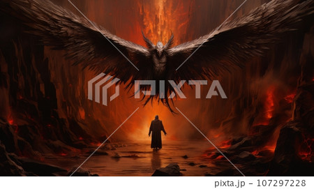 Demon with wings against the background of hell. Christian apocalypse AI 107297228