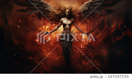 Woman demon with wings against the background of hell. Christian apocalypse AI 107297250