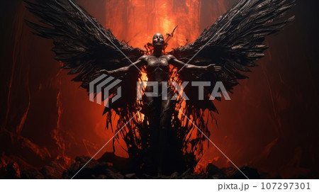 Woman demon with wings against the background of hell. Christian apocalypse AI Woman demon with wings against the background of hell. Christian apocalypse AI 107297301