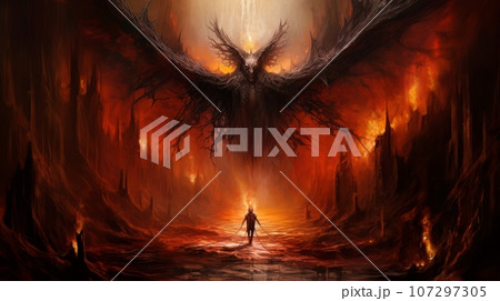 Demon with wings against the background of hell. Christian apocalypse AI Demon with wings against the background of hell. Christian apocalypse AI 107297305