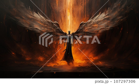 Demon with wings against the background of hell. Christian apocalypse AI Demon with wings against the background of hell. Christian apocalypse AI 107297306