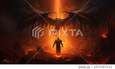 Demon with wings against the background of hell. Christian apocalypse AI Demon with wings against the background of hell. Christian apocalypse AI 107297311