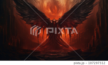 Demon with wings against the background of hell. Christian apocalypse AI Demon with wings against the background of hell. Christian apocalypse AI 107297312
