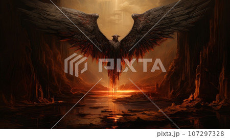 Demon with wings against the background of hell. Christian apocalypse AI Demon with wings against the background of hell. Christian apocalypse AI 107297328