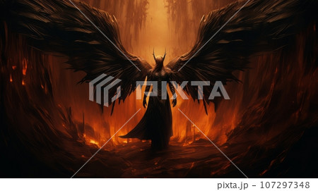 Demon with wings against the background of hell. Christian apocalypse AI 107297348