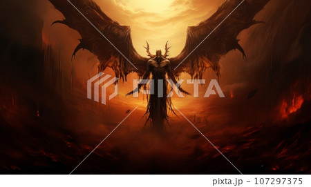 Demon with wings against the background of hell. Christian apocalypse AI 107297375