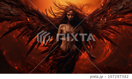Woman demon with wings against the background of hell. Christian apocalypse AI Woman demon with wings against the background of hell. Christian apocalypse AI 107297382