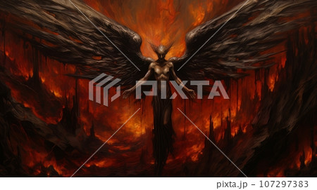 Woman demon with wings against the background of hell. Christian apocalypse AI 107297383