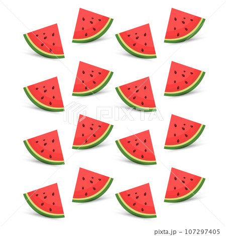 Two cut parts of watermelon, clipart, vector, cartoon fresh green watermelon half, 2 slices red watermelon pieces. vector, illustration fruits element for designs 107297405
